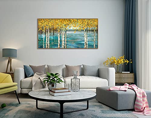 Large-Living-Room-Wall-Decor-Abstract-Canvas-Wall-Art-Yellow-Trees-White-Birch-Green-Lake-Landscape-Painting-Picture-Giclee-Bedroom-Wall-Decoration-Ready-to-Hang-24x48-Attached-Peripheral-Frame