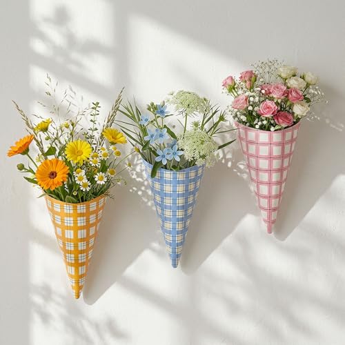AIM & GGKK Geometric Wall Vases - Set of 3 Pink Blue Yellow Plaid Pattern Wall Flower Vases for Modern Home Decor Entryway Hallway Bathroom Living Room Dining Room Narrow Spaces