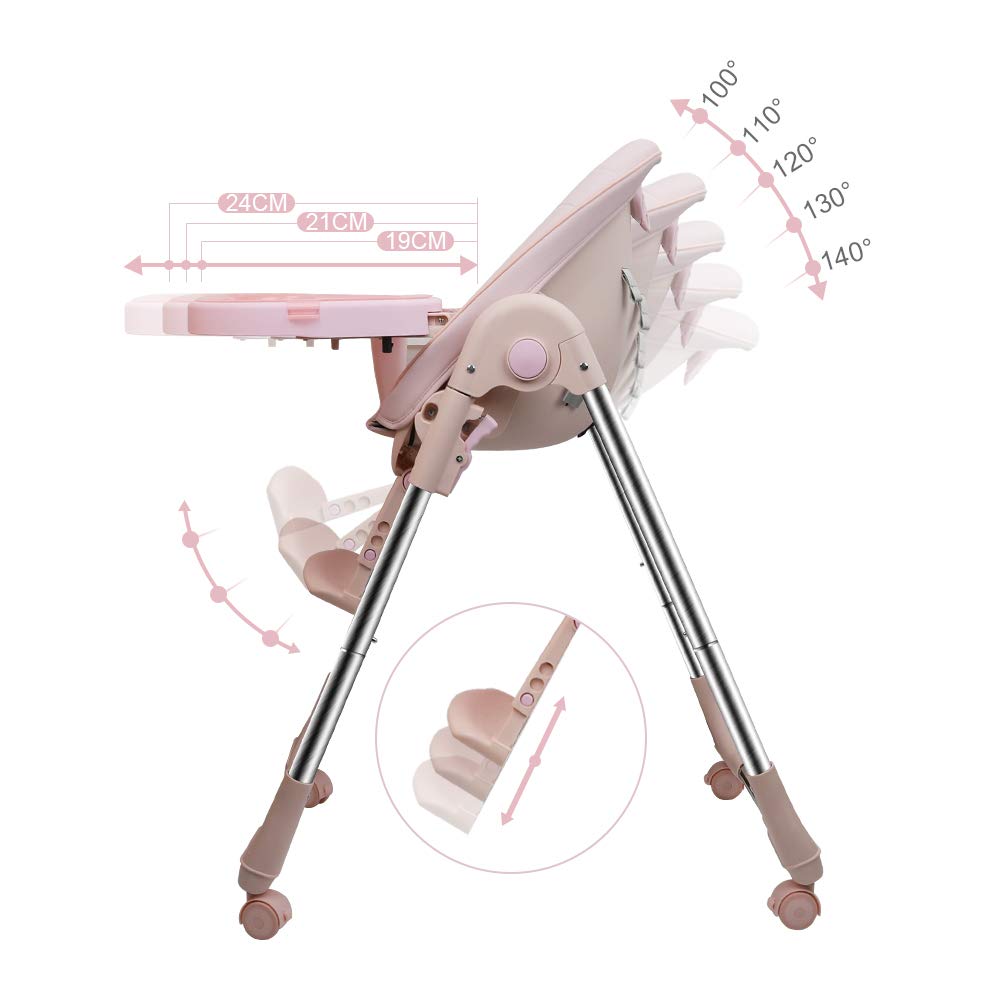 Trona para Bebe Evolutiva, Trona para bebés Plegable con bandeja extraíble, Tronas bebe Ajustable 5 Alturas, 4 ruedas, Rosa