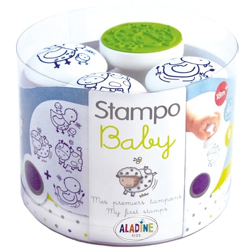 Aladine - 4 Tampons Animaux de la Ferme avec Encreur - Stampo Baby - Activité Manuelle Enfant 2 ans, Tampons Bébé - Encre Lavable, - Faciles à Manipuler - Cadeau...