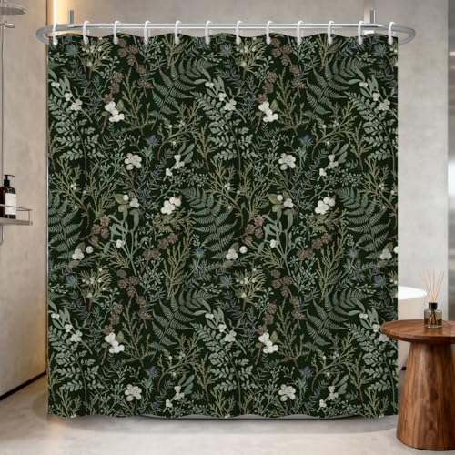 Xiazhilaio 71"x74" Dark Green Botanical Shower Curtain with Hooks – Nature-Inspired Floral & Leaf Pattern Waterproof Fabric Bath Curtain for Modern Farmhouse Style Barthroom Decor