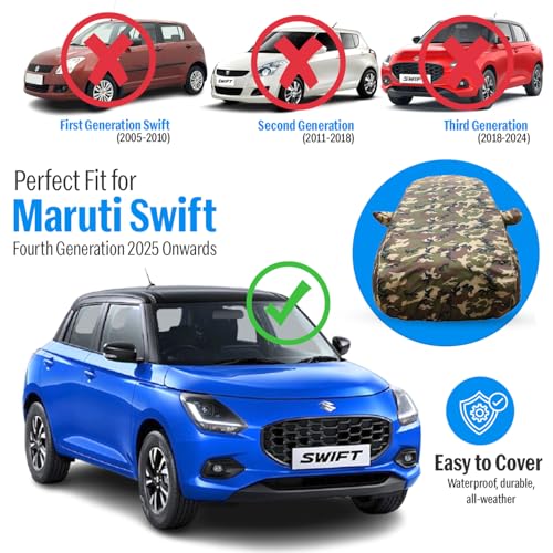 Image of Autofact Waterproof Car Body Cover Compatible with Maruti Swift 2025 Onwards | Jungle Print 4x4 American Matty Triple-Stitched, Windproof with Buckle Belt, Dustproof & Scratchproof, Uv Resistant
