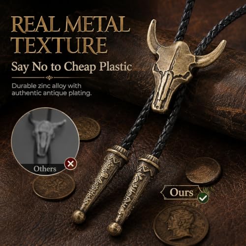 Image of Cowboy Bolo Tie for Men, Vintage Cow Skull Bolo Tie Necklace Native American Necktie for Men Women