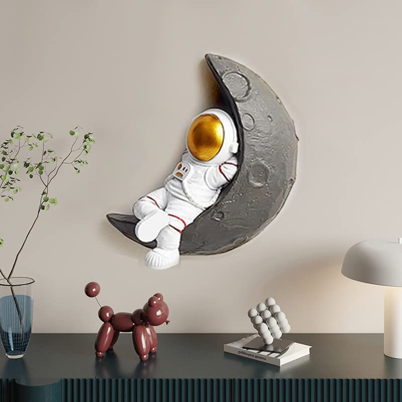 Image of BYVUTE Astronaut Wall Decoration Figurine, Wall-mounted Resin Astronaut Wall Sculpture with Hanging Spaceman Planet Moon for Living Room Kid's Space Themed Room Hanging Gifts (White 3)