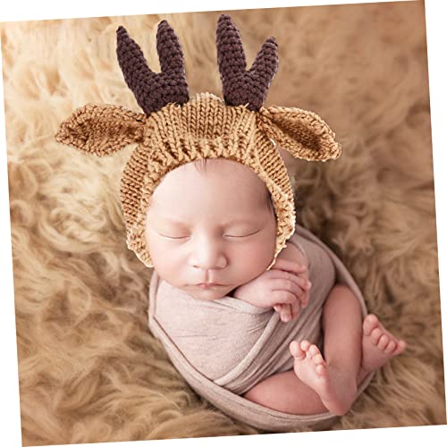 Winter Warm Knit Hat with Adorable Antler Design Thick Woolen Cap for Newborns Months Skin Friendly Thermal Beanie for Boys and Christmas Photo Prop Brown2