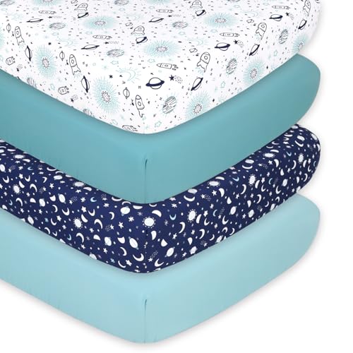 Image of The Peanutshell Baby Crib Sheets 4-Pack for Girl or Boy - Soft, Oval & Fitted Baby Girls or Boys Crib Sheet, Rectangle, Fitted Covers, Halo Mattress - Space