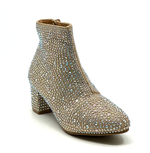 Forever Girls Rhinestone Boots Kids Low Heel Dress Booties Iceberg-12K Shoes Champagne Rhinestone 13