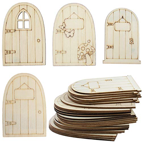 AUEAR, 24 Pack Unpainted Fairy House Doors Mini Wooden Miniature Garden Door for DIY Craft 4 Styles