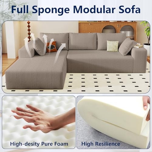 Image of 96 inch Modular Sectional Sofa, Modern Corduroy Cloud Couch with Deep Seat, Boneless Couch Upholstered 3-Seater L-Shaped Sofa for Living Room, No Assembly Required (Camel, Left-Facing Chaise)
