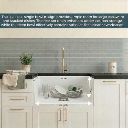 Image of ARQUIN Quartz Kitchen Sink 21x18x9 Inch Sand Pluto | Single Bowl Sink | Durable & Scratch-Resistant | Undermount /Topmount Including Coupling, Waste Pipe & Fruit Washing Basket