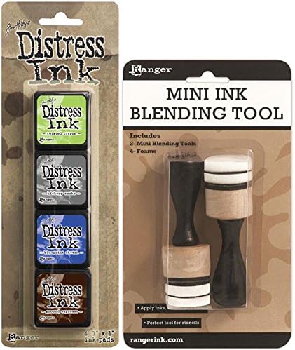 Ranger Tim Holtz Distress Mini Ink Kits and Mini Ink Blending Tool Bundle - 2 Items (Kit 14)