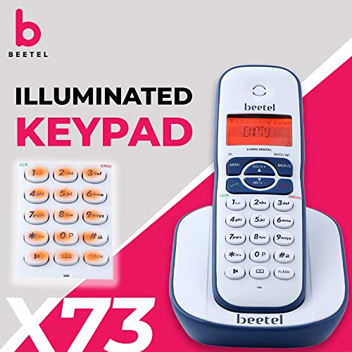 Image of Beetel X73N Cordless 2.4Ghz Cordless Landline Phone with Caller ID Display, 2-Way Speaker Phone with Volume Controls, Auto Answer, Alarm Function, Stylish Design (Blue /White)(X73N)