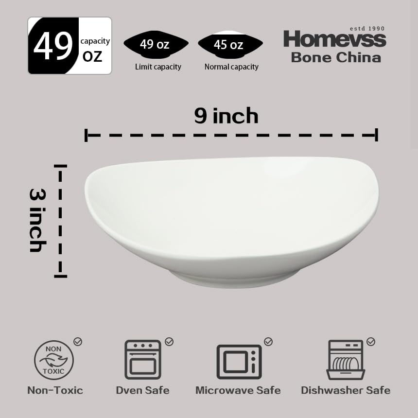 HomeVss, Bone China Elegance White Triangle Serving Bowl 9inch x 9inch, 49oz, Set of 2 Pieces