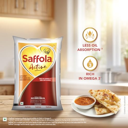 Image of Saffola Active Refined Cooking oil | Rich in Omega 3 & Oryzanol | Multi-Source Edible Rice Bran & Soyabean oil | 930ml / 850g pouch (Weight May Vary)
