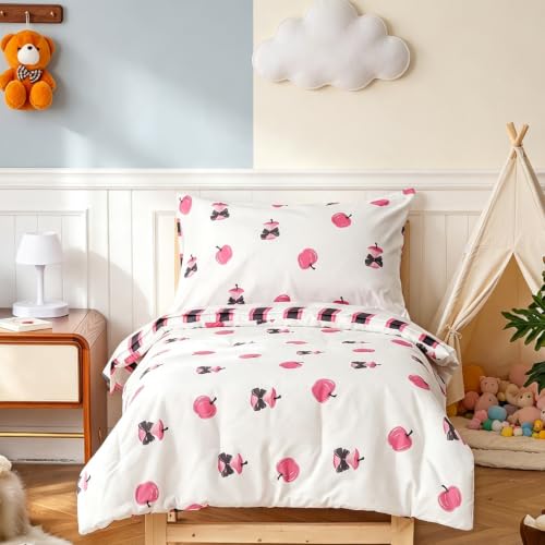 Image of CLOTHKNOW 4Pieces Pink White Apple Toddler Bedding Sets for Boys Girls | Pink Apple and Reversible Black Pink Striped Pattern, Soft Crib Bed Set