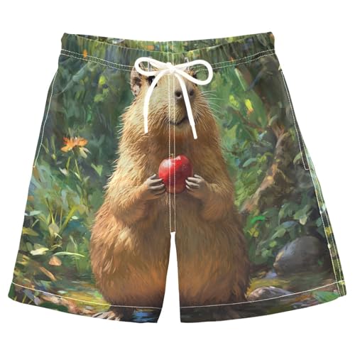 DOMIKING Capybara Forest Green Boys' Pull On Swim Trunks Quick Dry Boardshorts with Mesh Lining for Swimming Hiking M
