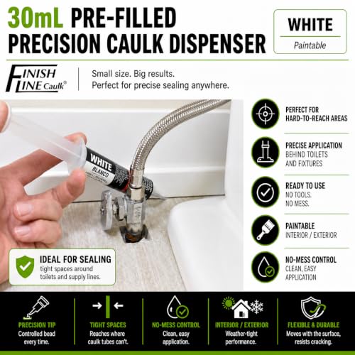 Image of Finish Line Caulk 30mL Pre-Filled Precision Caulk Applicator White 5-Pack | Clean, Controlled Application with Less Mess and Rework