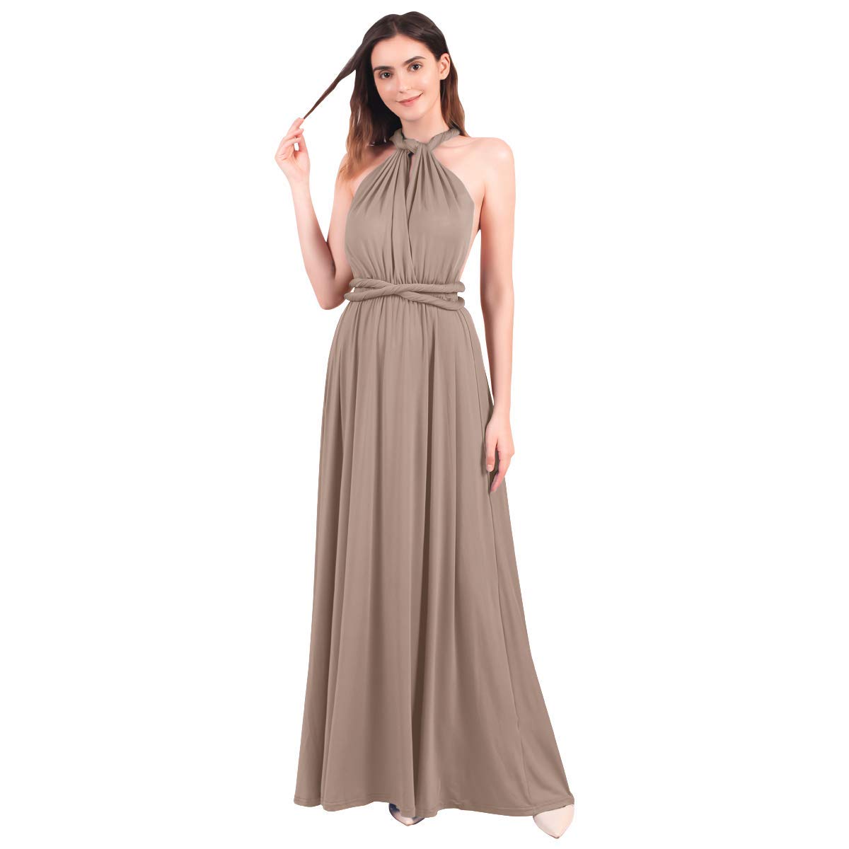 Abendkleid Lang Damen Elegant Rückenfreies Multiway Bandage Wickelkleid Festlich Hochzeitskleid Brautkleid Brautjungfernkleider Cocktailkleid Weihnachten Silvester Partykleid Ballkleid Hellbraun M