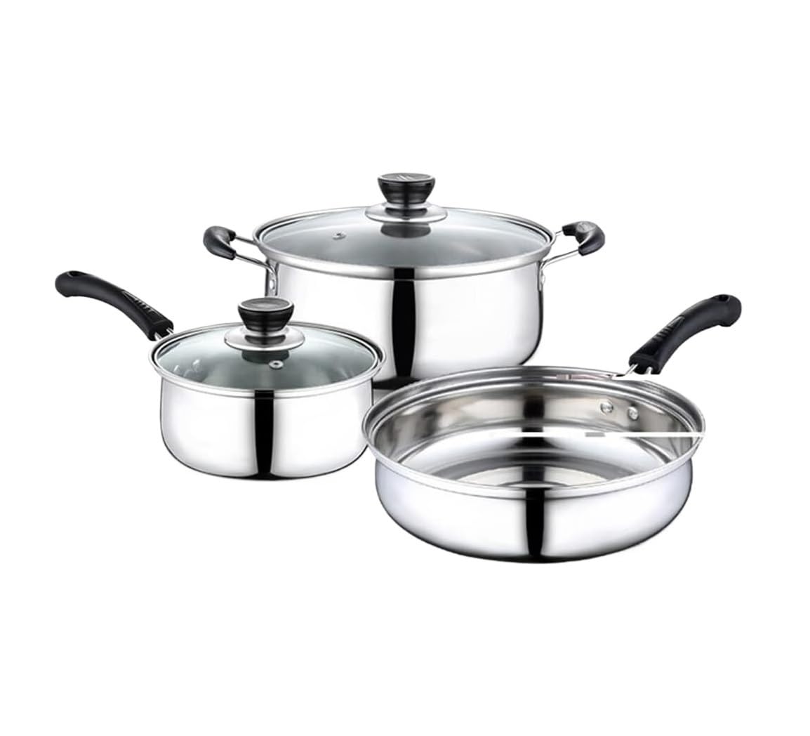 Batterie Cuisine Ensemble D'ustensiles De Cuisine en Acier Inoxydable, Pot À Soupe, Poêle Lait avec Couvercle Verre, Frire, Outil 3 Pièces Casseroles