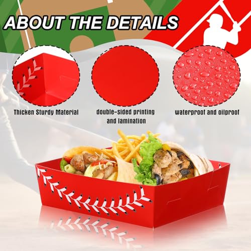 Image of Teling 36 Pcs Large Baseball Plates Party Trays 5 Lb Food Boat,Red | Paper Plates with Baseball Designs, Holds Nachos Burgers Fries, For Softball Birthday Party Supplies, Serving Snack Boats