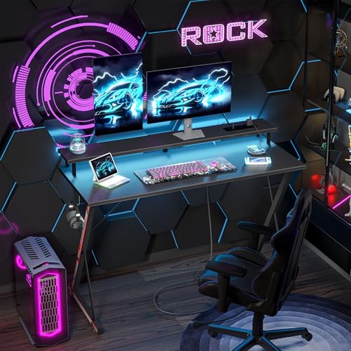 TIQLAB Ergonomic Gaming Desk with Power Outlets, Large Monitor Stand, Black