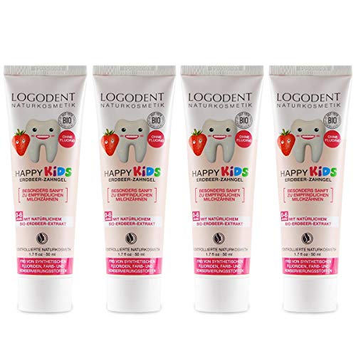 LOGODENT Kinder Zahngel Erdbeere (4x50 ml), natürliche Wirkstoffkombination aus Erdbeer-Aroma und Bio-Kamille, Bio Zahnpasta, Vegan, Fluoridfrei, Naturkosmetik