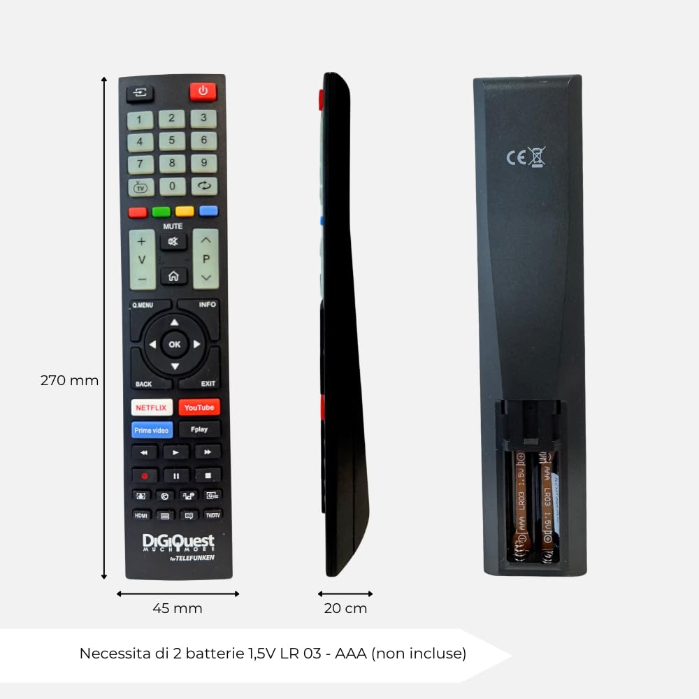Digiquest Telecomando compatibile con TV a marchio TELEFUNKEN, VESTEL e BEKO | Tasti fluorescenti e dedicati alle piattaforme streaming I Già configurato e pronto all'uso