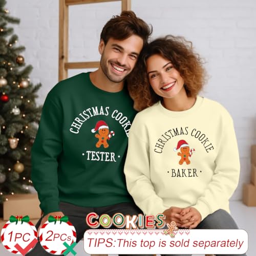 LOTUCY Christmas Couples Matching Sweatshirt Embroidered Gingerbread Baker and Tester Pullover Tops Xmas Couple Outfits2