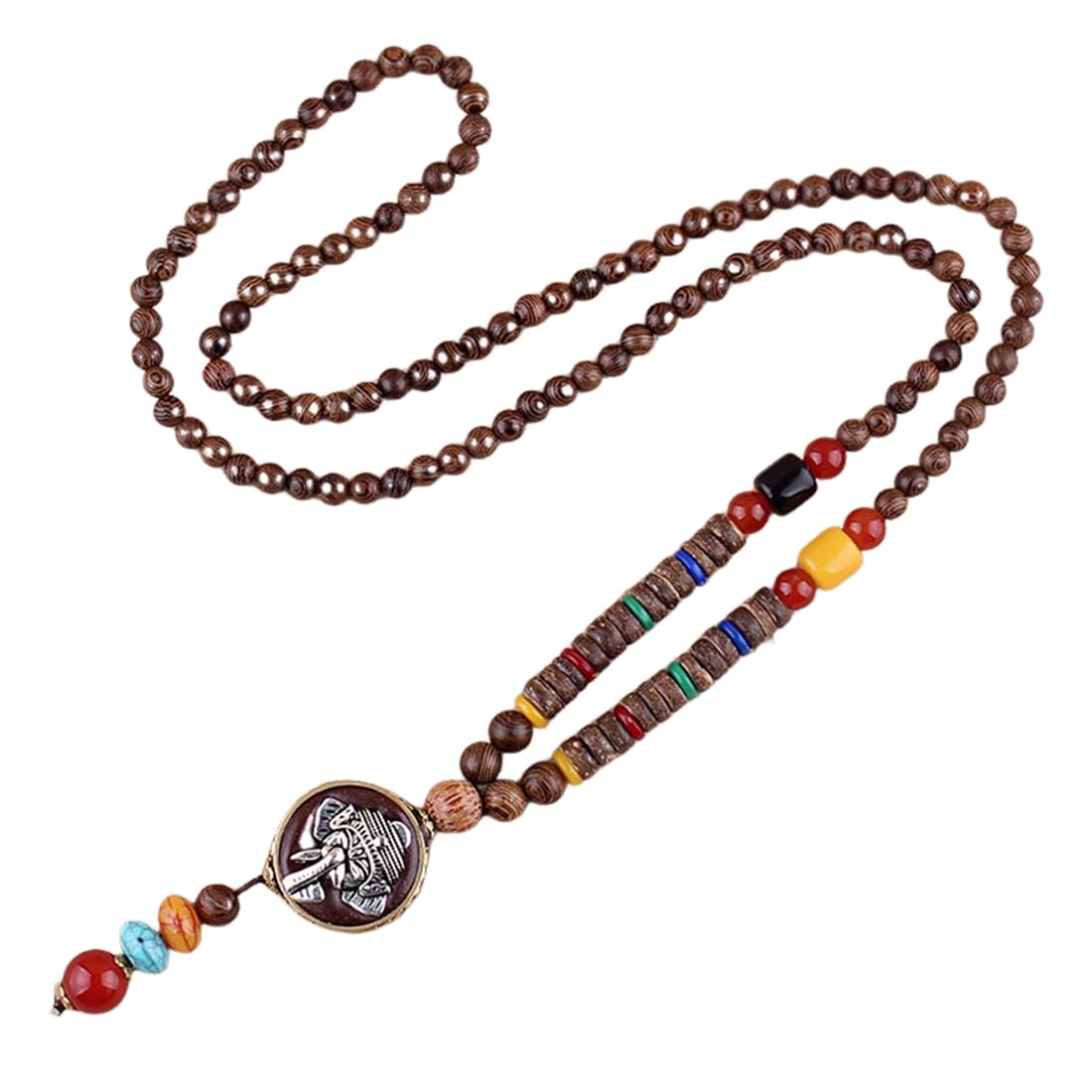 GNHG Collar Mujer,Collar Hombre,Collar Colgante Largo Estilo étnico,Collar de Cuentas de Madera,Collar de Cuentas de Madera con Colgante Bodhi con Colgante de elefante