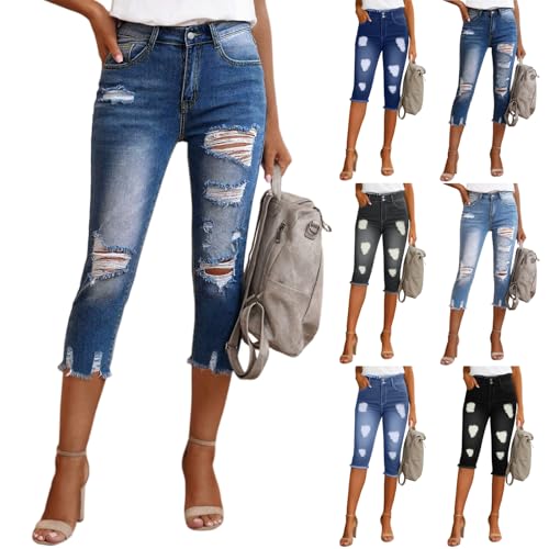 Capri Jeans for Women High Waisted Ripped Skinny Jeans Stretchy Distressed Denim Capris Blue Cropped Jean