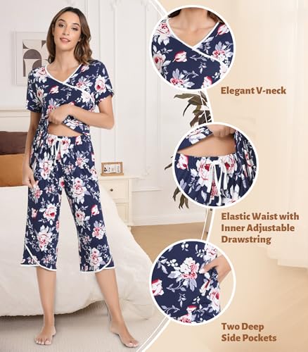 Image of NACHILA Bamboo Viscose Pajamas for Women Lace V Neck Capri Pants Pjs Set