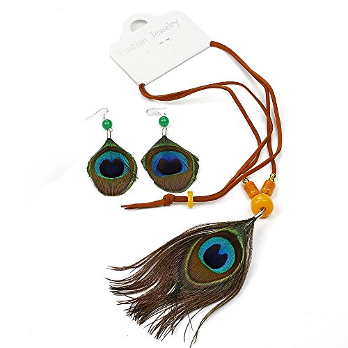 runheng hecho a mano pluma de pavo real colgante de collar y pendientes juego de Fashion