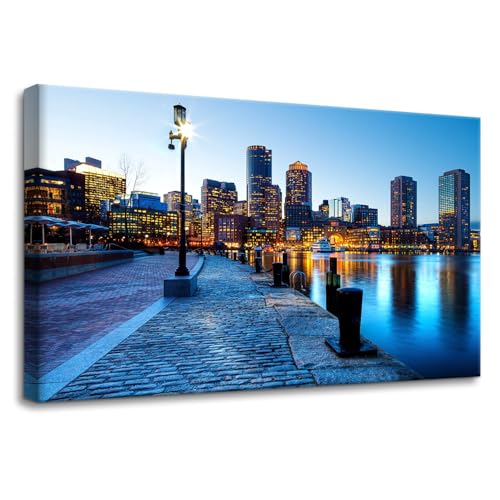 Pacimo Canvas Wall Art - Boston Harbor Night Scene - Modern Artwork Massachusetts Cityscape Skyscrapers Painting for Home Decor Gallery Wrapped Wall Decor Stretched and Framed Ready to Hang 16"x24"