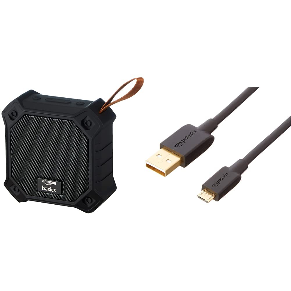 AmazonBasics 5W Bluetooth 5.0 Speaker, Upto 36 Hrs Playtime (Black) & Micro USB Fast Charging Cable for Android Phones with Gold Plated Connectors (3 Feet, Black)