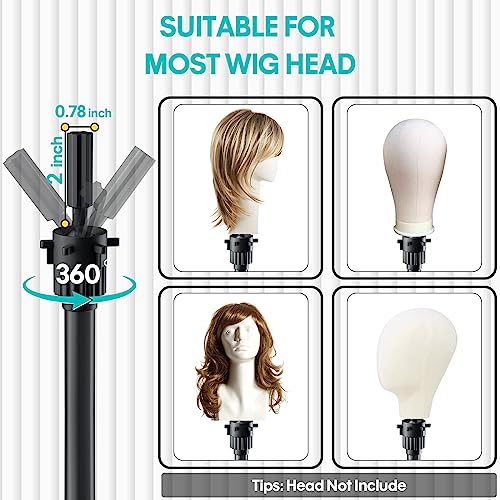 GSOW Wig Stand Tripod - Reinforced Metal Mannequin Head Stand with Tool Tray, Adjustable Height 31" - 57" Wig Head Stand for Styling Cosmetology Hairdressing Training with Wig Caps T-Pins Hair Clips