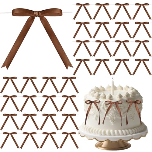 Riceshoot 50 Pcs Twist Tie Bows for Cake 3x4.5 Inch Satin Ribbon Bows for Gift Wrapping Treat Bags Craft DIY Wedding Baby Shower Birthday Party Decorations(Brown)