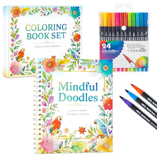 Ospelelf Adult Coloring Book Set Women Relaxation Gifts with 24 Colors Markers for Birthday, Stress Relief with 30 Patterns Included Animal, Flowers, and Positive Messages for Her
