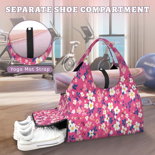Yoga Bag for Women，Waterproof Polyester Gym Bag Detachable Strap,Shoe Pocket，Double Zipper,Pink Flower Flowers Duffel Bags4