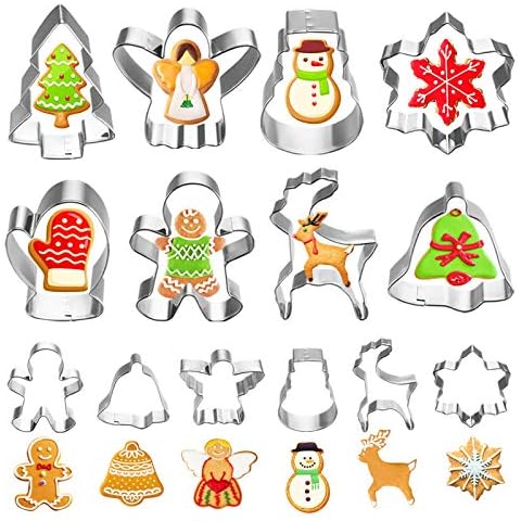 VHAUSE 14PCS Christmas Cookie Cutters Stainless Steel - 8 Large and 6 Small Parent-Child Biscuit Moulds - Christmas Tree, Snowman, Gingerbread Men, Reindeer, Snowflake, Jingle Bell, Angel and Glove Cover
