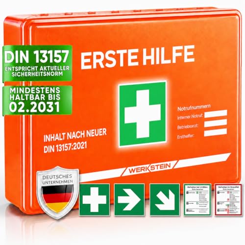 WERKSTEIN Erste Hilfe Verbandskasten inkl. Wandhalterung [DIN 13157:2021] - Erste Hilfe Kasten für Betrieb Büro & Zuhause - Erste Hilfe Koffer - Verbandsmaterial - Notfallbox - First Aid Bag