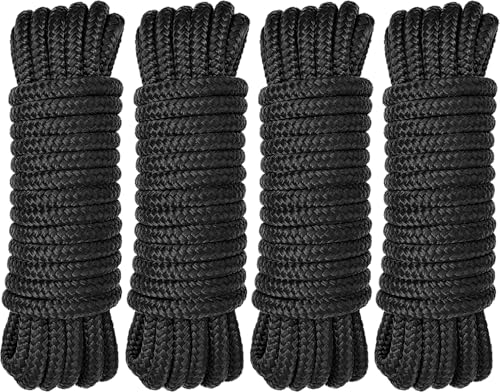 PACTHSD Boat Dock Lines 4 Pack 3/8 x 25 Double Braided Nylon Boat Ropes for Docking with 12 Eyelet Marine Grade High Strength Boat Lines Premium Marine Rope Mooring Lines Easy Handling Black