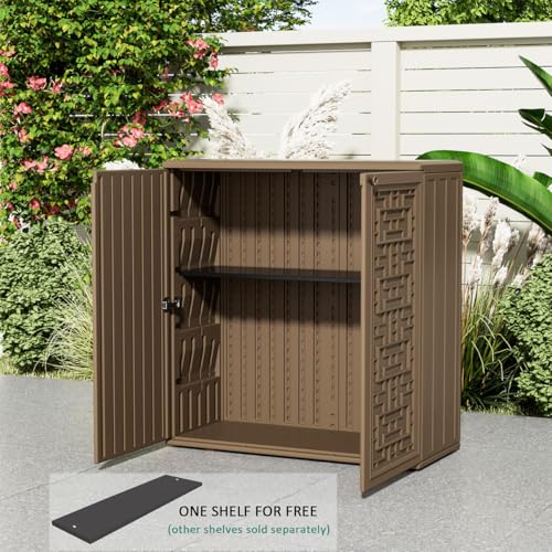 Image of KINYING Outdoor Storage Cabinet Waterproof, Resin 62 Gallon Storage Box for Patio Furniture Cushions, Garden Tools, Pool Accessories (Dark Brown with 1 Shelving)