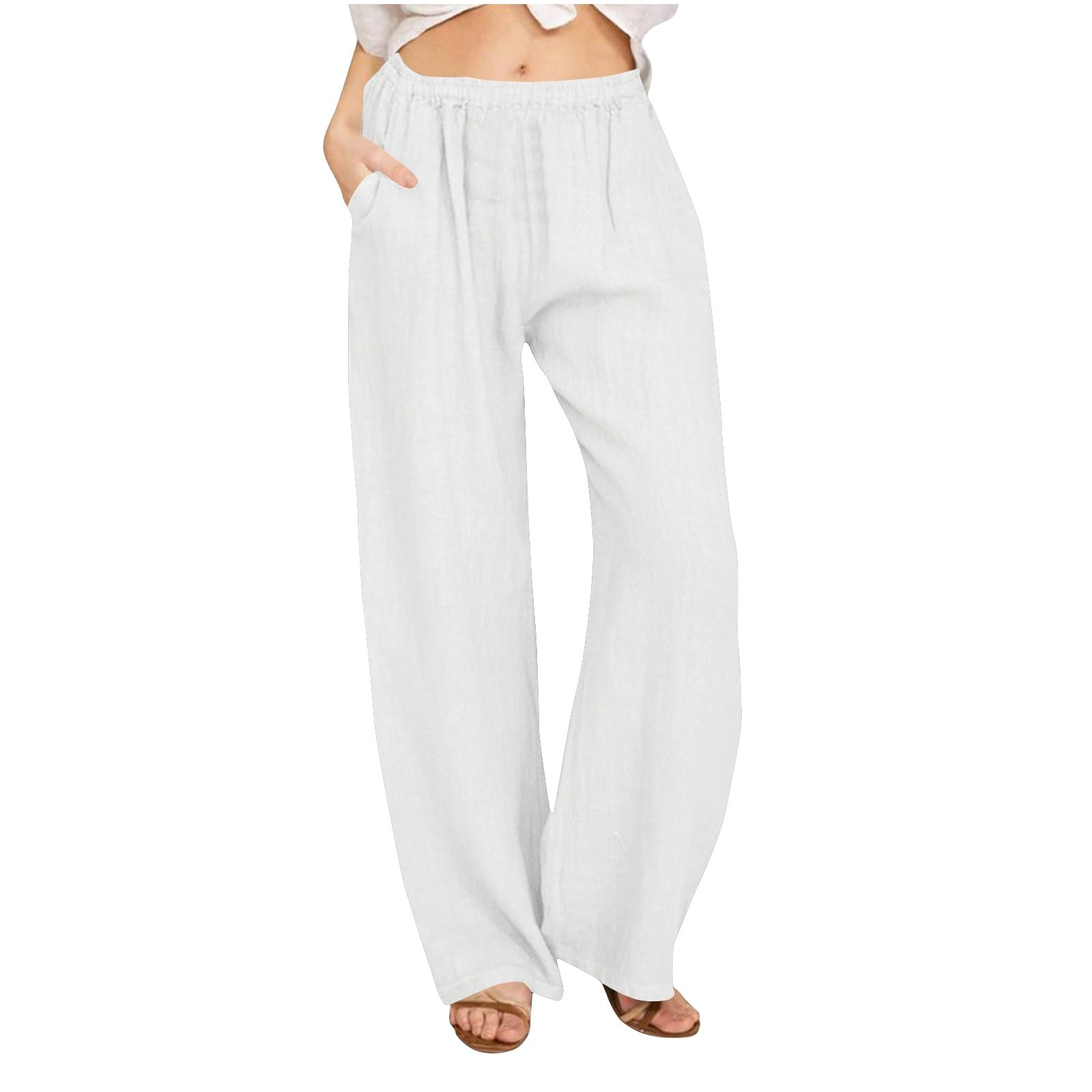 Womens Linen Pants 2026 Casual Summer Wide Leg Palazzo Pant High Waisted Drawstring Flowy Beach Vacation Trousers