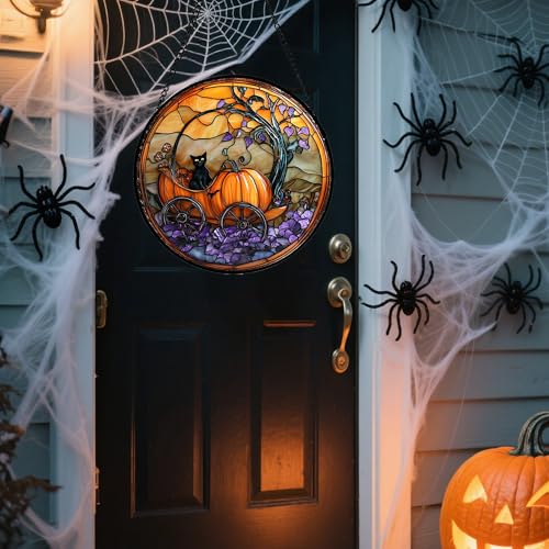 Image of Stained Glass Window Hanging - Halloween Pumpkin Carriage Black Cat Suncatcher for Doors Window Garden Spooky Sun Catchers Gothic Decor Horror Gifts for Women Men Friend Boy Girl 9.8 in