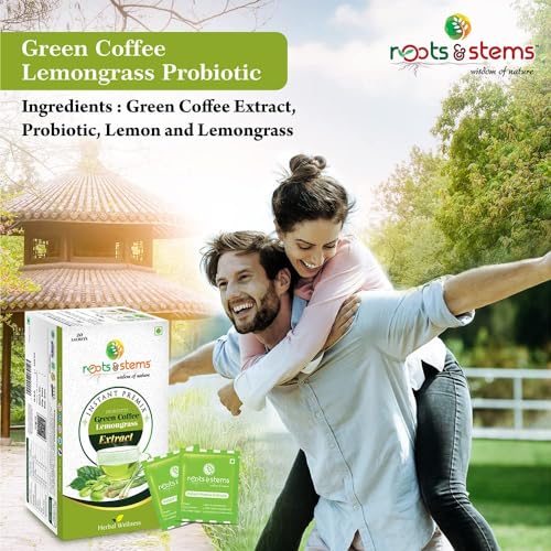 Image of roots & stems Green Coffee Lemongrass | Instant Premix Extract Powder with Probiotic | Arabica, Flavoured Coffee |100g (5gx20 Sachets) Pack of 1