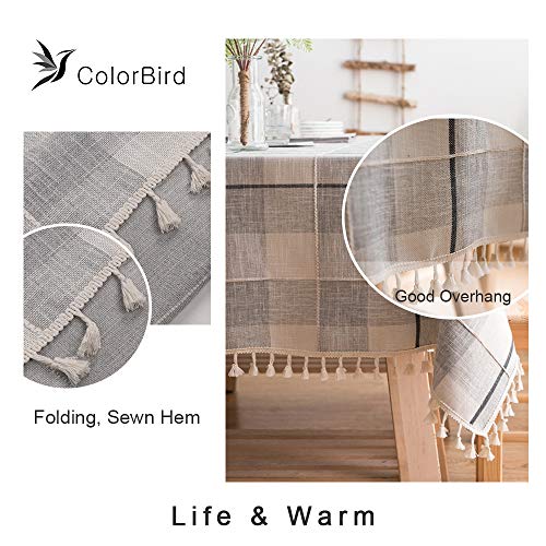 Colorbird Embroidery Checkered Tassel Tablecloth Heavy Weight Cotton Linen Plaid Dust-Proof Table Cover For Kitchen Dinning Tabletop Decoration (Rectangle/Oblong, 55 X 120 Inch, Gray/White) #TOP3