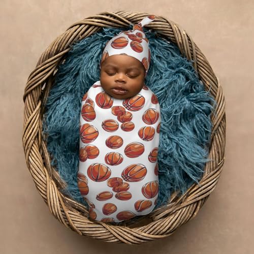 Image of Cartoon Basketball Ball Pattern Newborn Swaddle Blankets Hat Sets Soft Baby Receiving Blanket Swaddle Sack for Baby Shower Infant Boy Girl Gift