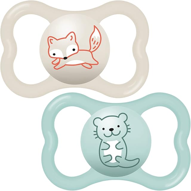 MAM Air Soothers 12+ Months (Pack of 2), Baby Soothers with Sterilisable Travel Case, Baby Essentials, Blue / Cream (Designs May Vary)
