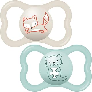 MAM Air Soothers 12+ Months (Pack of 2), Baby Soothers with Sterilisable Travel Case, Baby Essentials, Blue / Cream (Designs May Vary)