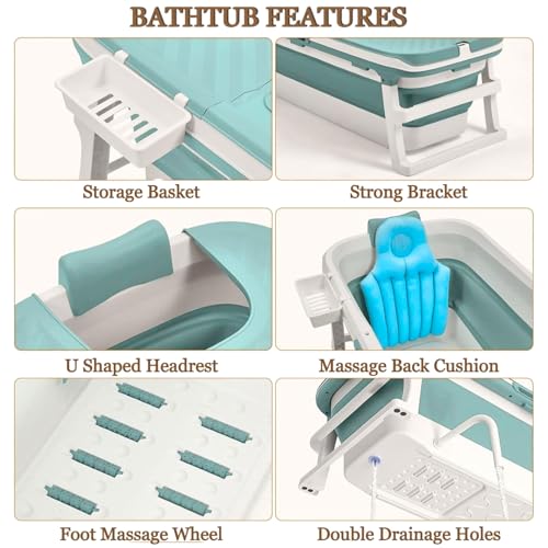 Image of Large Bathtub for Adults 6 Feet Foldable bath tub for bathroom with Temperature Meter and bath pillow 132Lx62Wx52H CM Hot and ice spa bathtub for home Portable adult-Blue